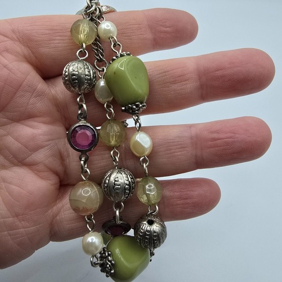 Beaded Bracelet Green Purple Silver Accents Whimsigoth Boho Witchy Statement - Picture 7 of 9